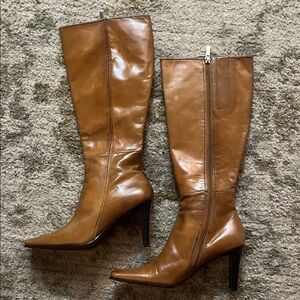 Nine West Cognac Pointed-Toe Leather Knee-High Heeled Boots